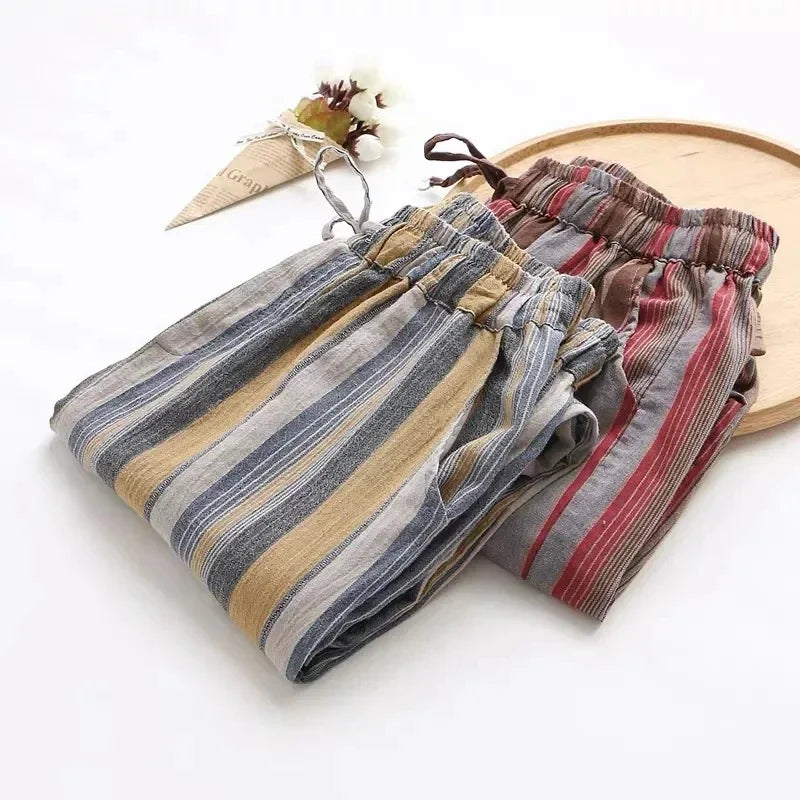 Striped Vintage Elastic High Waist Lace Up Cotton Linen Women's Pants Korean Fashion Wide Leg Ankle-Length Pants For Women 2025