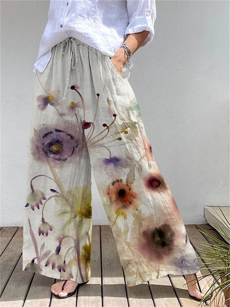 Women's New Floral Print Casual Pants Autumn Casual Fashion Wide-Leg Streetwear Pants Drawstring Design Breathable Long Pants