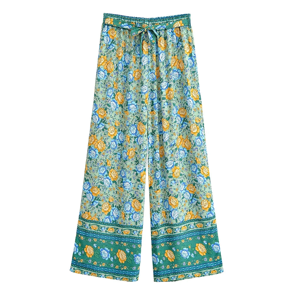 Happie Queens Women Floral Print Bohemian Wide Leg Pants Lady Elastic Waist Loose Rayon Boho Long Pants Beach Casual Trousers
