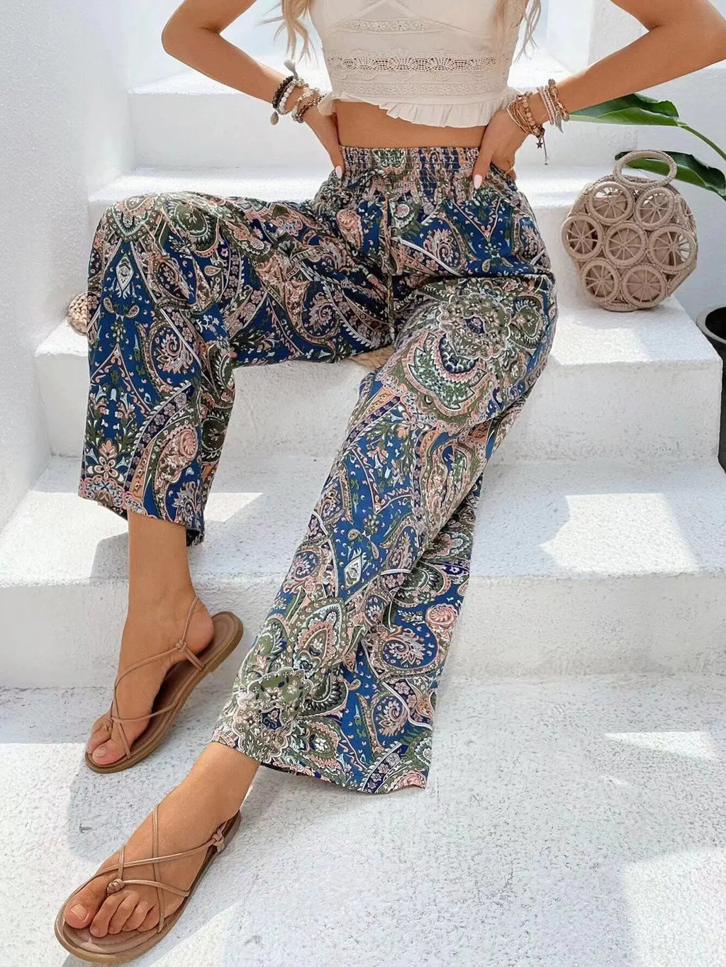 Fashion Vintage Print Wide-leg Pants Women Casual High-waisted Trouser Spring Summer  Ladies Clothes Loungewear