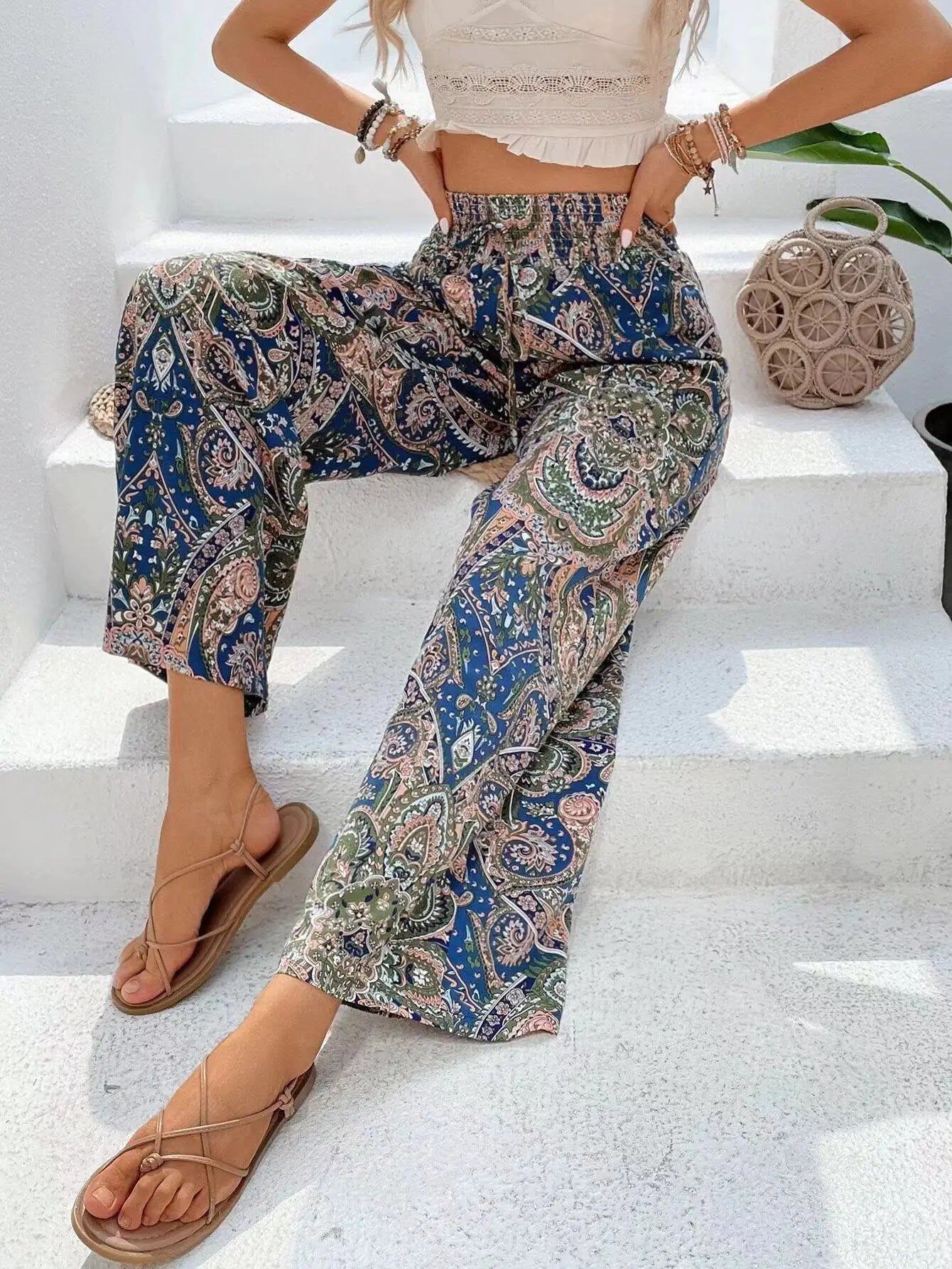 Fashion Vintage Print Wide-leg Pants Women Casual High-waisted Trouser Spring Summer  Ladies Clothes Loungewear
