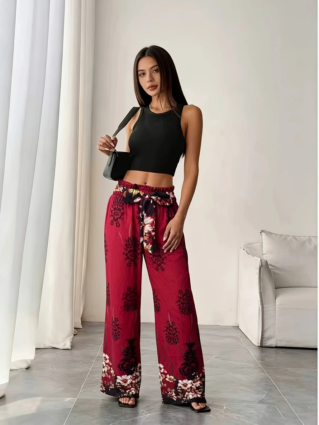 Burgundy Floral Print Wide Leg Pants, Tie Waist, Bohemian Style Vacation Casual Pants