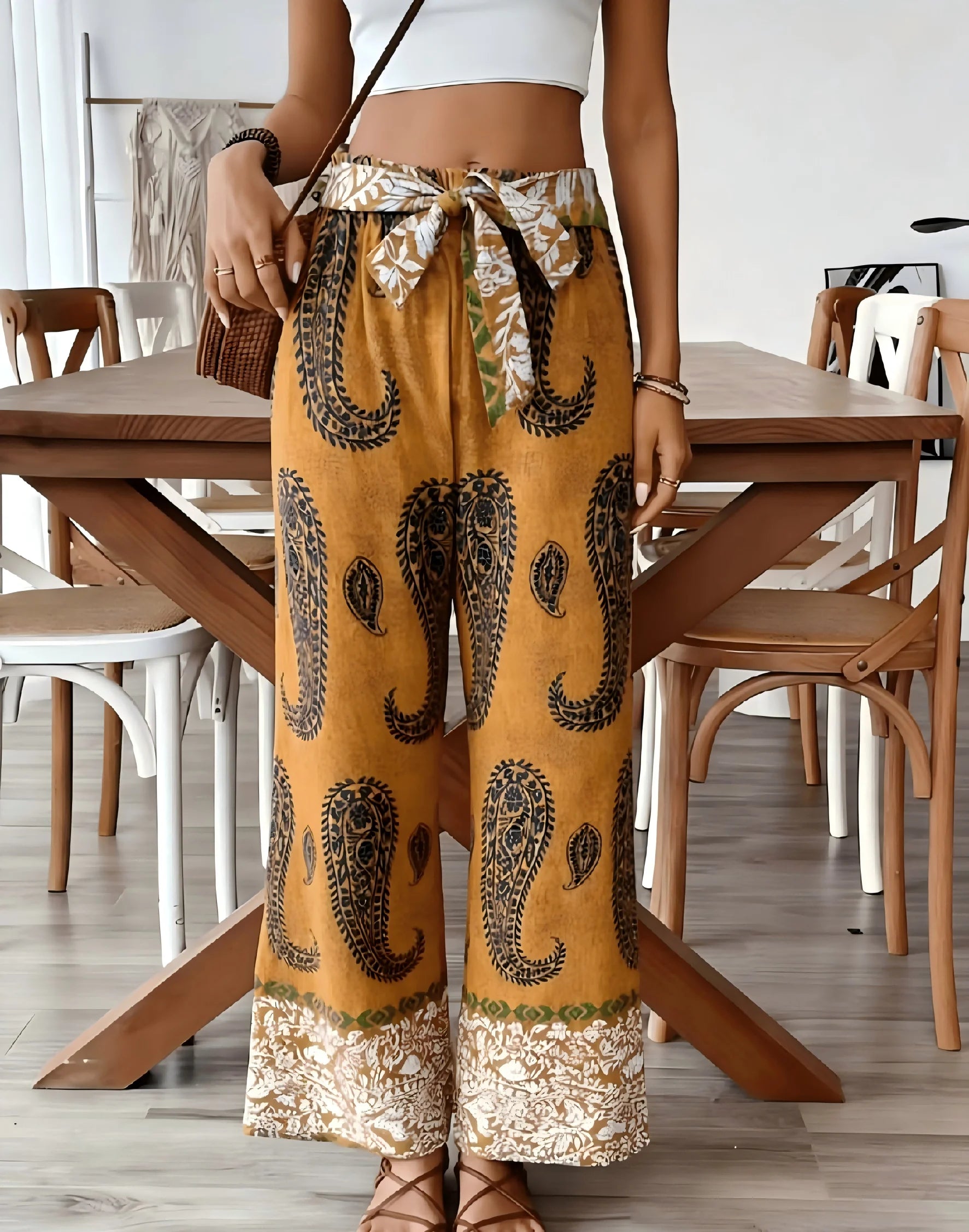 Mustard Yellow Paisley Wide Leg Pants, Tie Waist, Bohemian Style Vacation Casual Pants