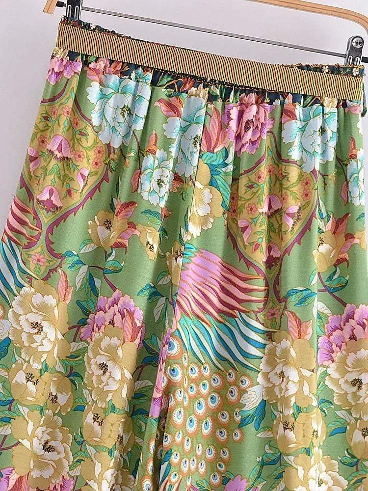 Women Peacock Floral Print Bohemian Wide Leg Pants Lady Elastic Waist Loose Rayon Boho Long Pant  Oversize Trousers