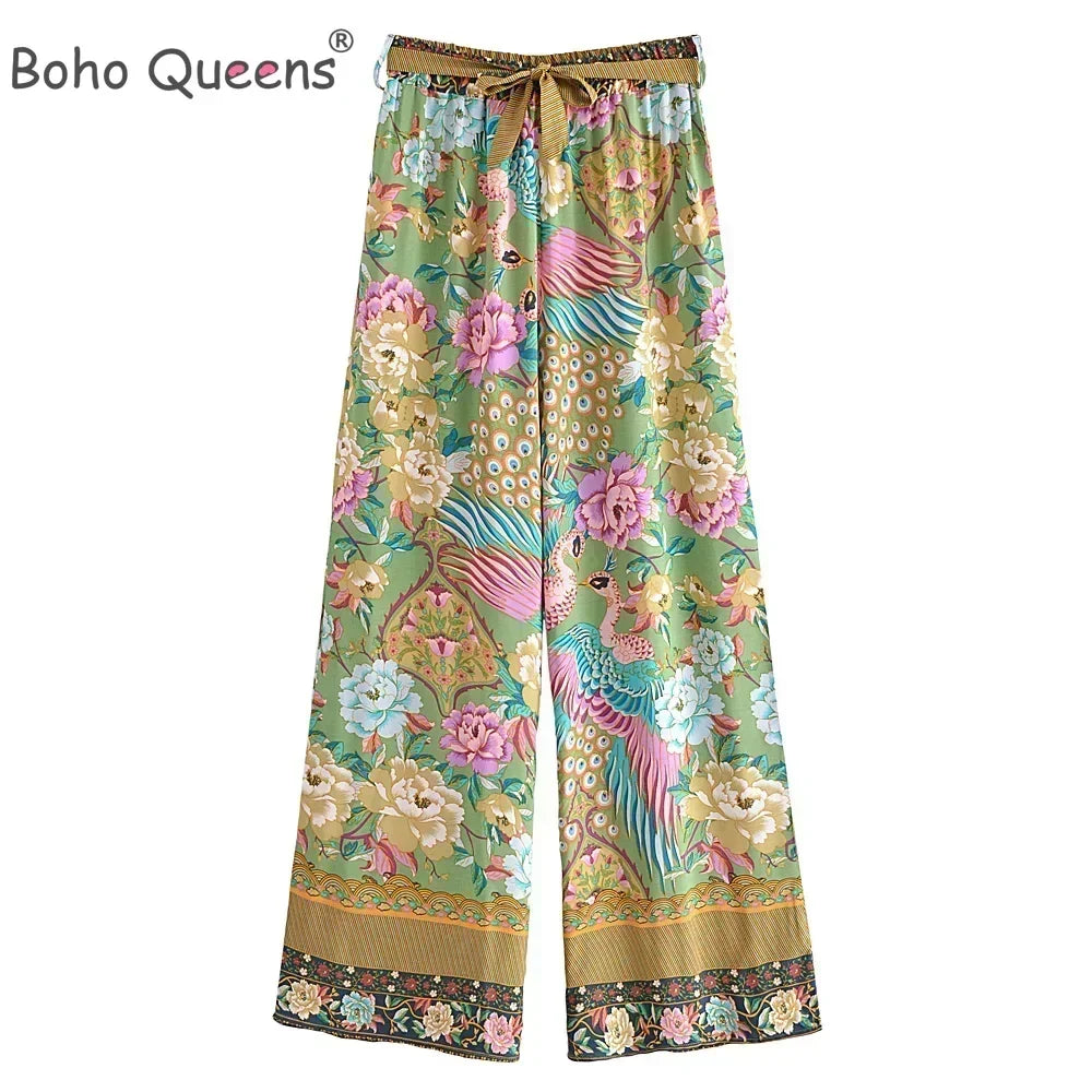 Women Peacock Floral Print Bohemian Wide Leg Pants Lady Elastic Waist Loose Rayon Boho Long Pant  Oversize Trousers