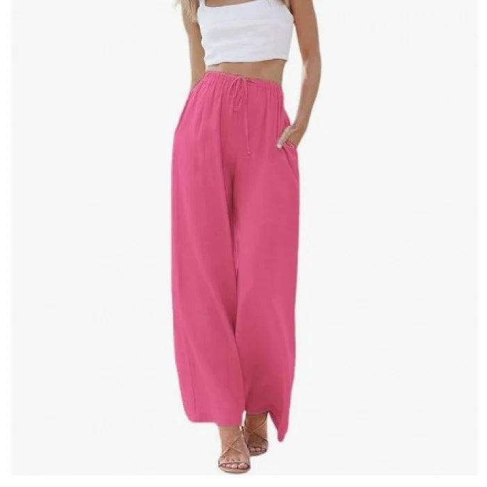 Women's Summer Linen Wide Leg Pants High Waist Elastic Drawstring Casual Loose Palazzo Trousers with Pockets