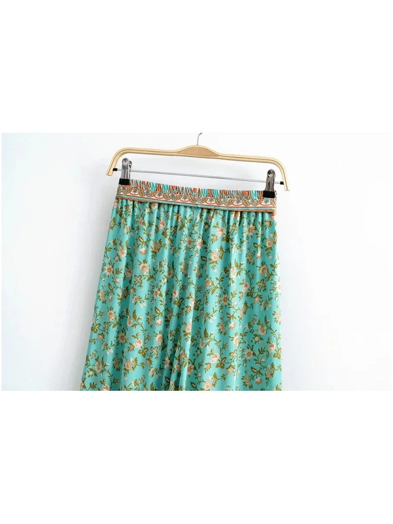 Boho Queens Women Green Floral Print Bohemian Wide Leg Pants Lady Elastic Waist Loose Rayon Boho Long Pant Oversize Trousers