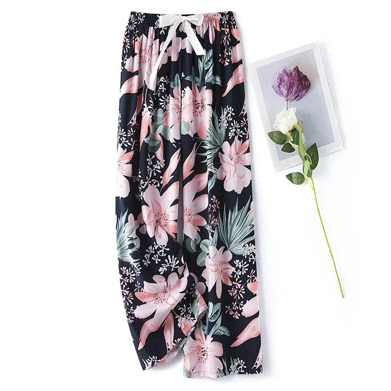 New Ladies Pants Viscose Pajama Sleep Bottoms Thin Loose Large Size Pants Women Pants Home Clothes Loungewear Floral Sleepwear