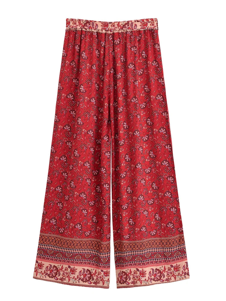 Vintage Chic Women Red Floral Bohemian Wide Leg Pants Lady Elastic Waist Loose Vacation Boho Long Pants Oversize Trousers
