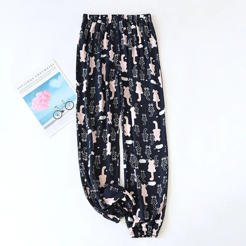 Spring and summer new women's trousers 100% viscose large flowers comfortable pajama pants loose closing home pants plus size