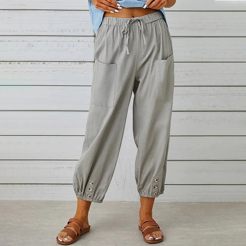 Cotton Linen Harem Pants Women Casual Elastic High Waist Lace Up Loose Ankle Trousers Vintage Harajuku Wide Leg Straight Pants