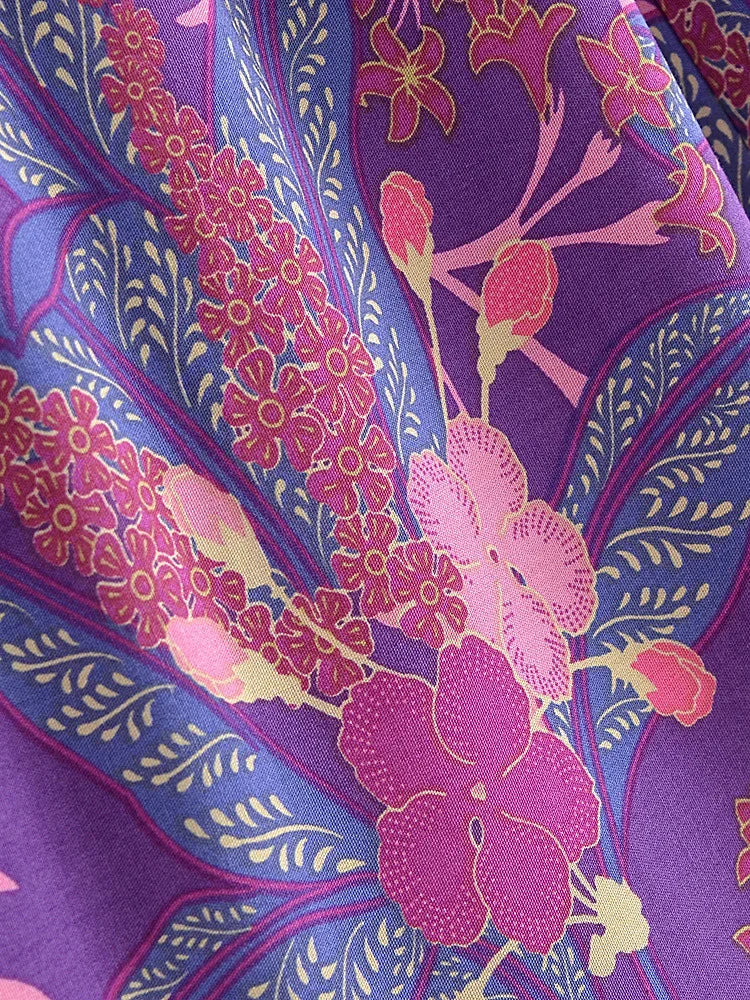 Boho Queens Autumn Women Purple Floral Print Bohemian Wide Leg Pants Lady Gothic Elastic Waist Loose Boho Pant Holiday Trousers
