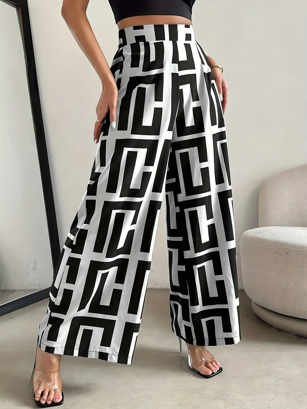 New chic wide leg pants elastic waist dual color geometric pattern printed loose fits wide leg pants