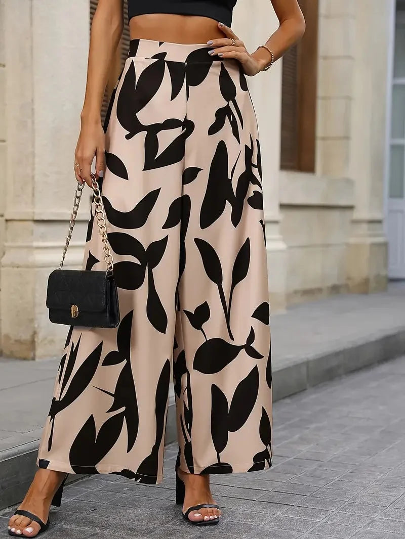 Women's Leaf Print Wide-Legged Casual Pants Loose Fit Fashionable Trousers