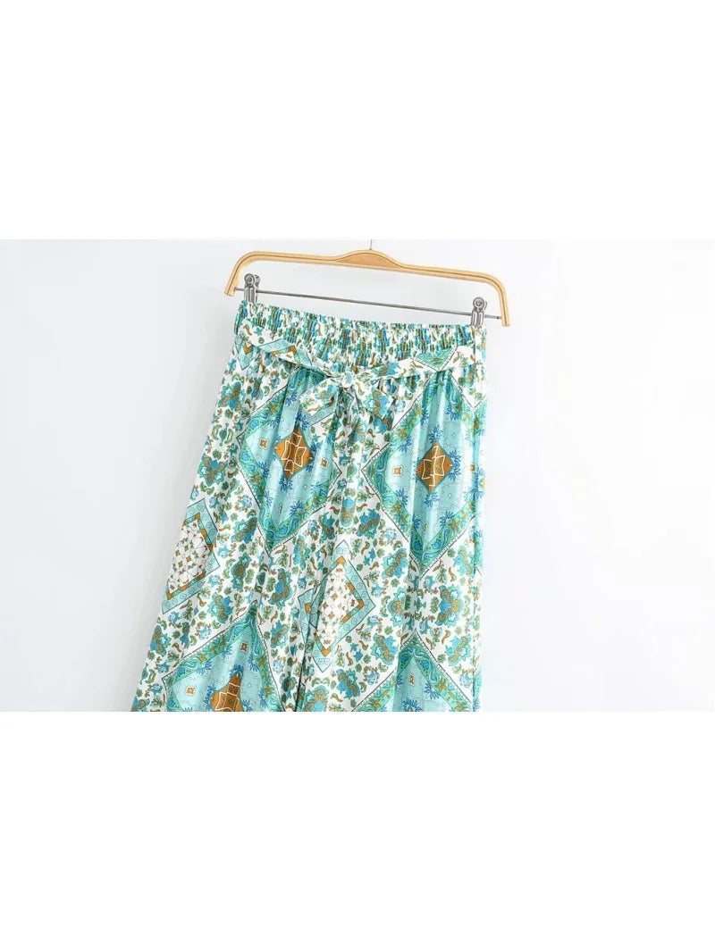 Boho Queens Women Green Floral Print Bohemian Wide Leg Pants Lady Elastic Waist Loose Rayon Boho Long Pant Oversize Trousers