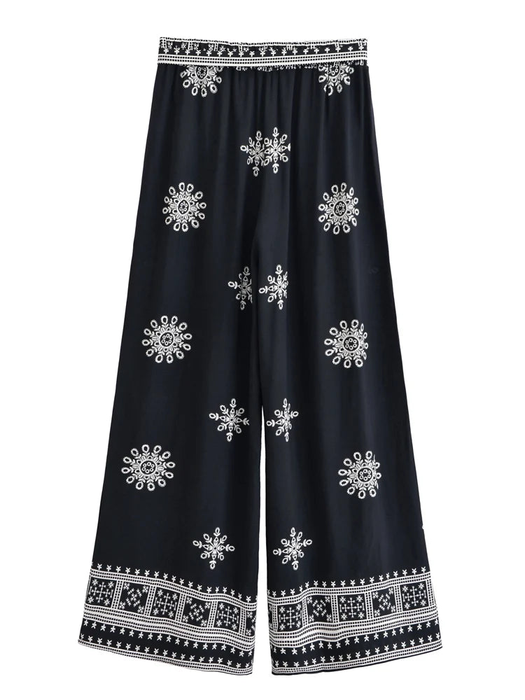 Vintage Chic Women Purple Floral Bohemian Wide Leg Pants with Pockets Lady Elastic Waist Loose Vacation Boho Pant Trousers
