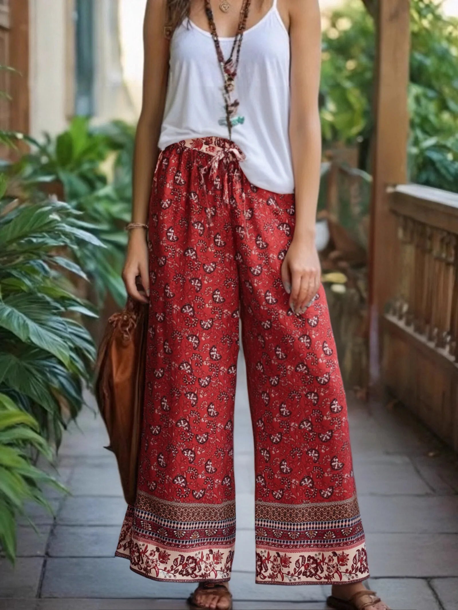 Vintage Chic Women Red Floral Bohemian Wide Leg Pants Lady Elastic Waist Loose Vacation Boho Long Pants Oversize Trousers