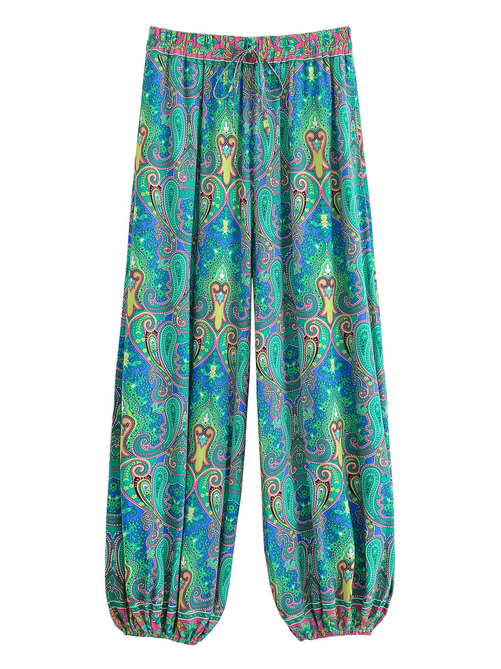 Vintage Chic 2025 Autumn Fashion Green Floral Print Baggy Pants Women Bloomers Casual Mid Waist Side Pockets Loose Yoga Trousers