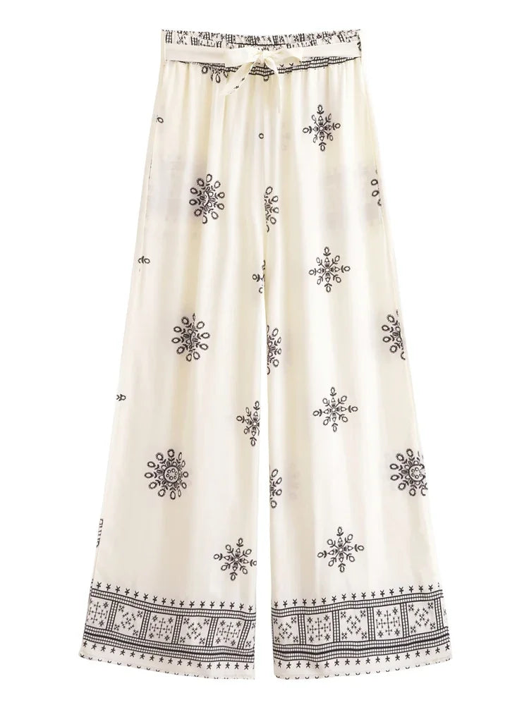 Boho Queens Women Floral Bohemian Wide Leg Holiday Pants with Pockets Lady Elastic Waist Loose Vacation Boho Pants Trousers