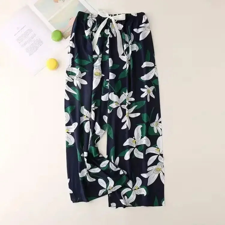 Cute Women Loose Pajama Pants Summer Lounge Trousers Floral Print Casual Stretch Waist Drawstring High Waist Pants Home Pants