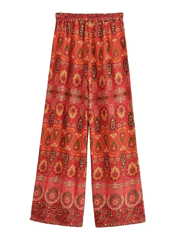 Boho Queens Women Red Floral Print Bohemian Wide Leg Pant Lady Gothic Elastic Waist Loose Rayon Long Boho Pants Casual Trousers