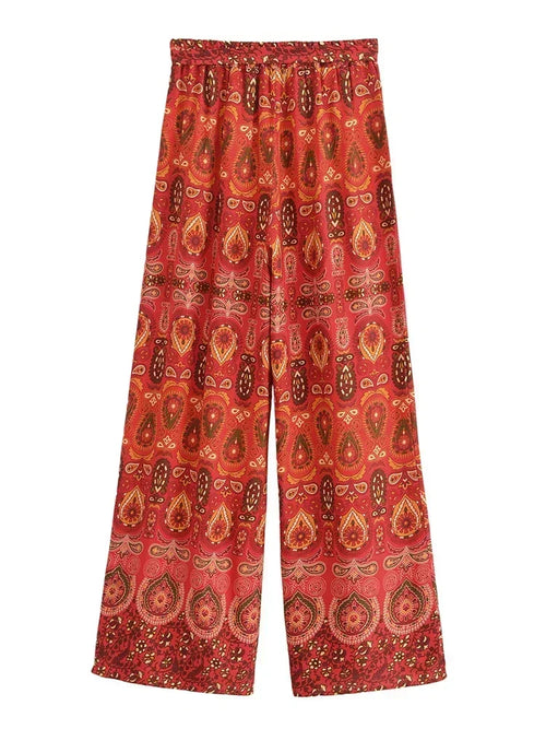 Boho Queens Women Red Floral Print Bohemian Wide Leg Pant Lady Gothic Elastic Waist Loose Rayon Long Boho Pants Casual Trousers