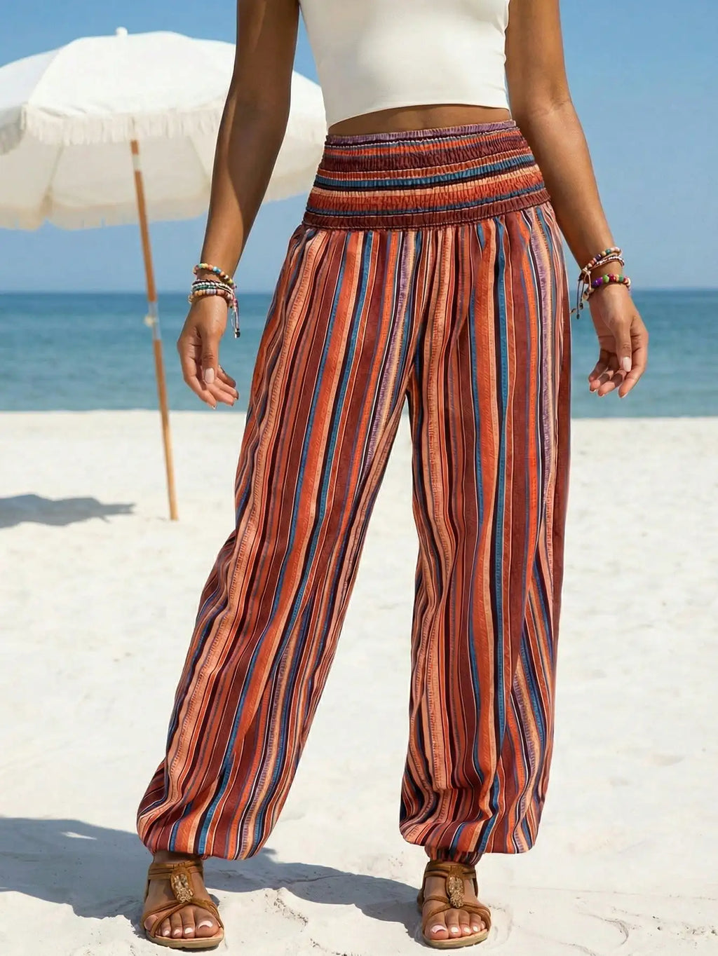 Women's Black Striped Smocked High Waist Beach Casual Wide Leg Tapered Ankle Dress Capris