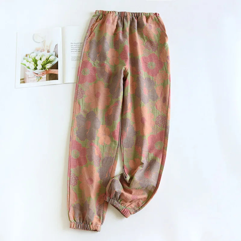 Leaves Printing Cotton Pajama Pants for Women Spring and Autumn Thin Cotton Closure Feet Loose Fitting Mosquito Proof Home Pants