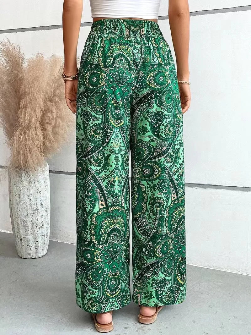 Fashion Vintage Print Wide-leg Pants Women Casual High-waisted Trouser Spring Summer  Ladies Clothes Loungewear