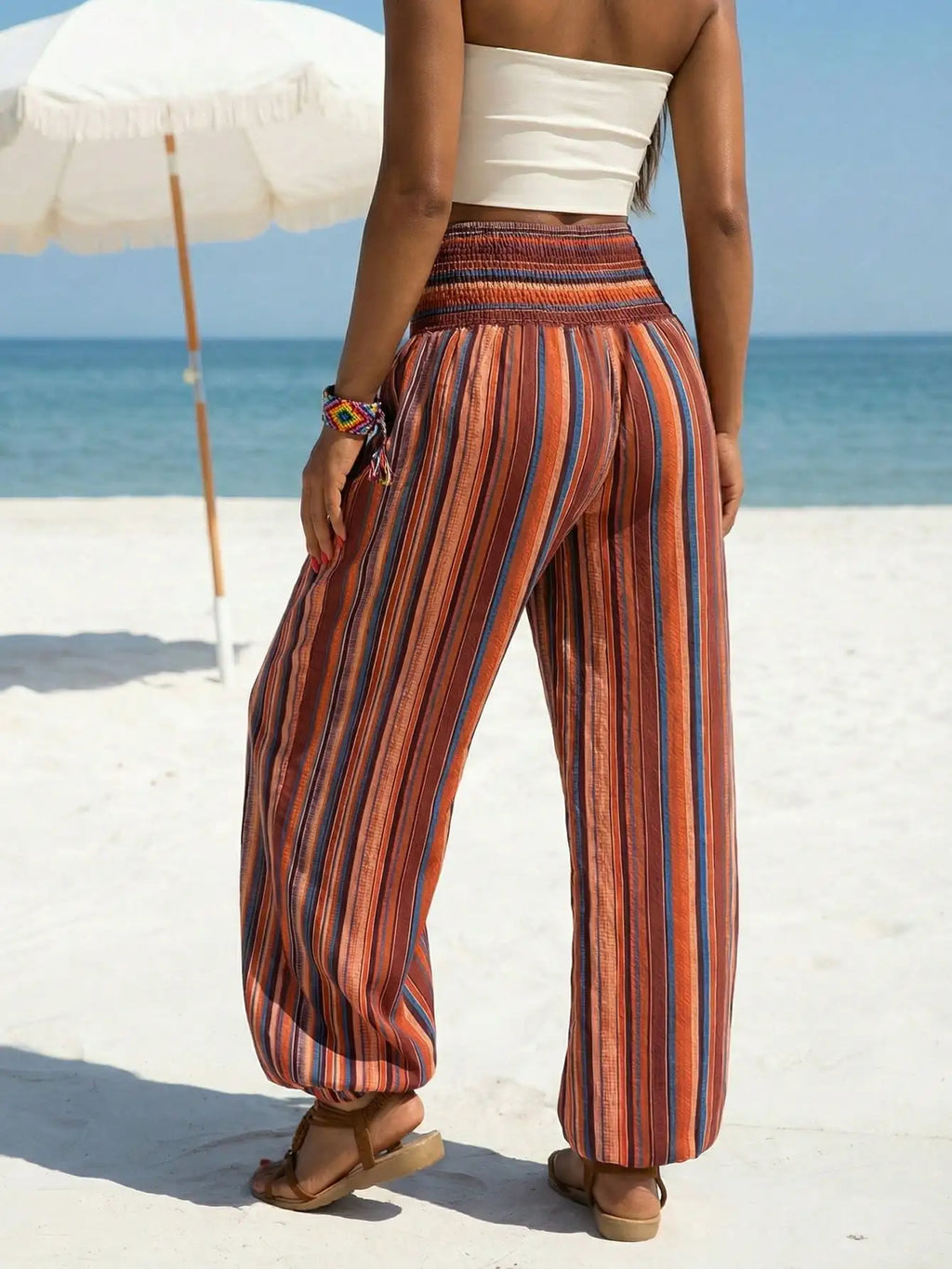 Women's Black Striped Smocked High Waist Beach Casual Wide Leg Tapered Ankle Dress Capris