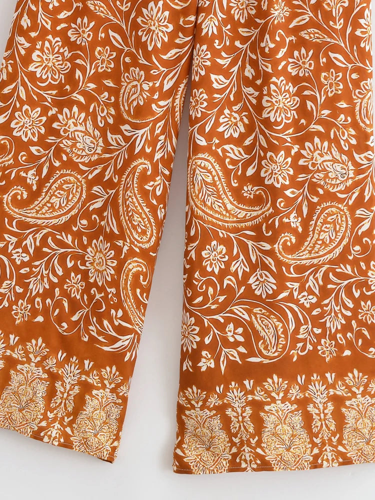 Vintage Chic Women Floral Print Wide Leg Bohemian Happie Pants Ladies Sashes Loose Rayon Boho Long Pant Oversize