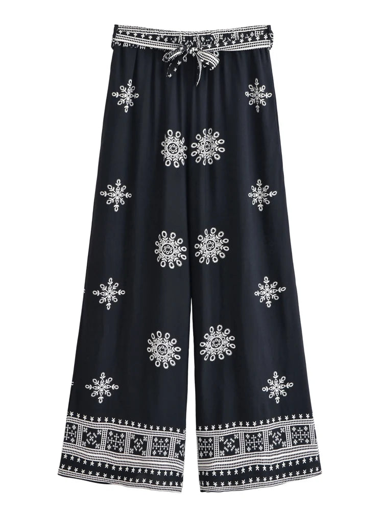 Boho Queens Women Floral Bohemian Wide Leg Holiday Pants with Pockets Lady Elastic Waist Loose Vacation Boho Pants Trousers