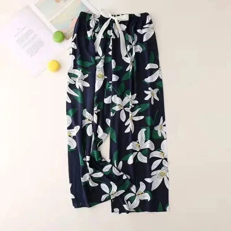 Cute Women Loose Pajama Pants Summer Lounge Trousers Floral Print Casual Stretch Waist Drawstring High Waist Pants Home Pants