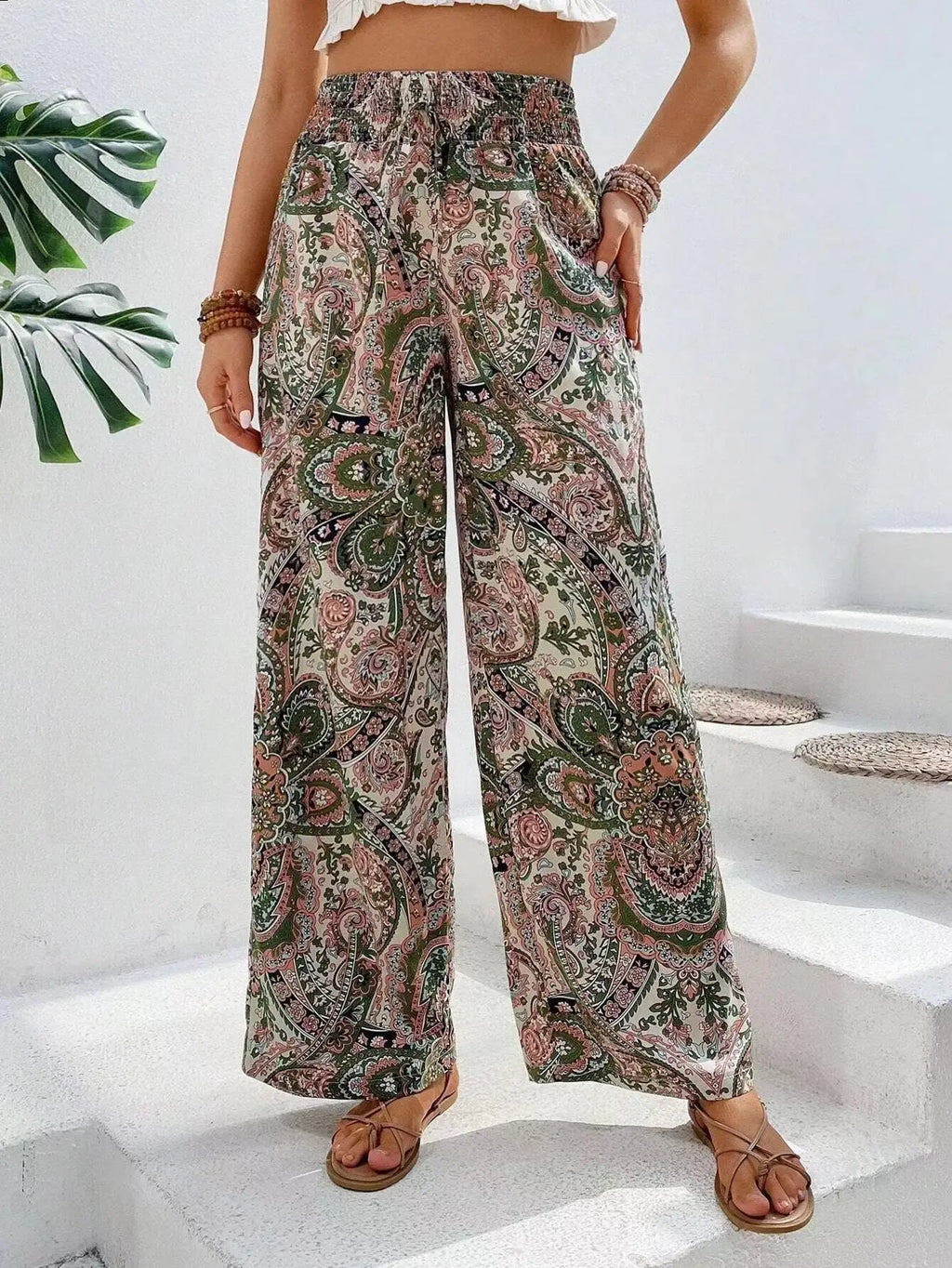 Fashion Vintage Print Wide-leg Pants Women Casual High-waisted Trouser Spring Summer  Ladies Clothes Loungewear