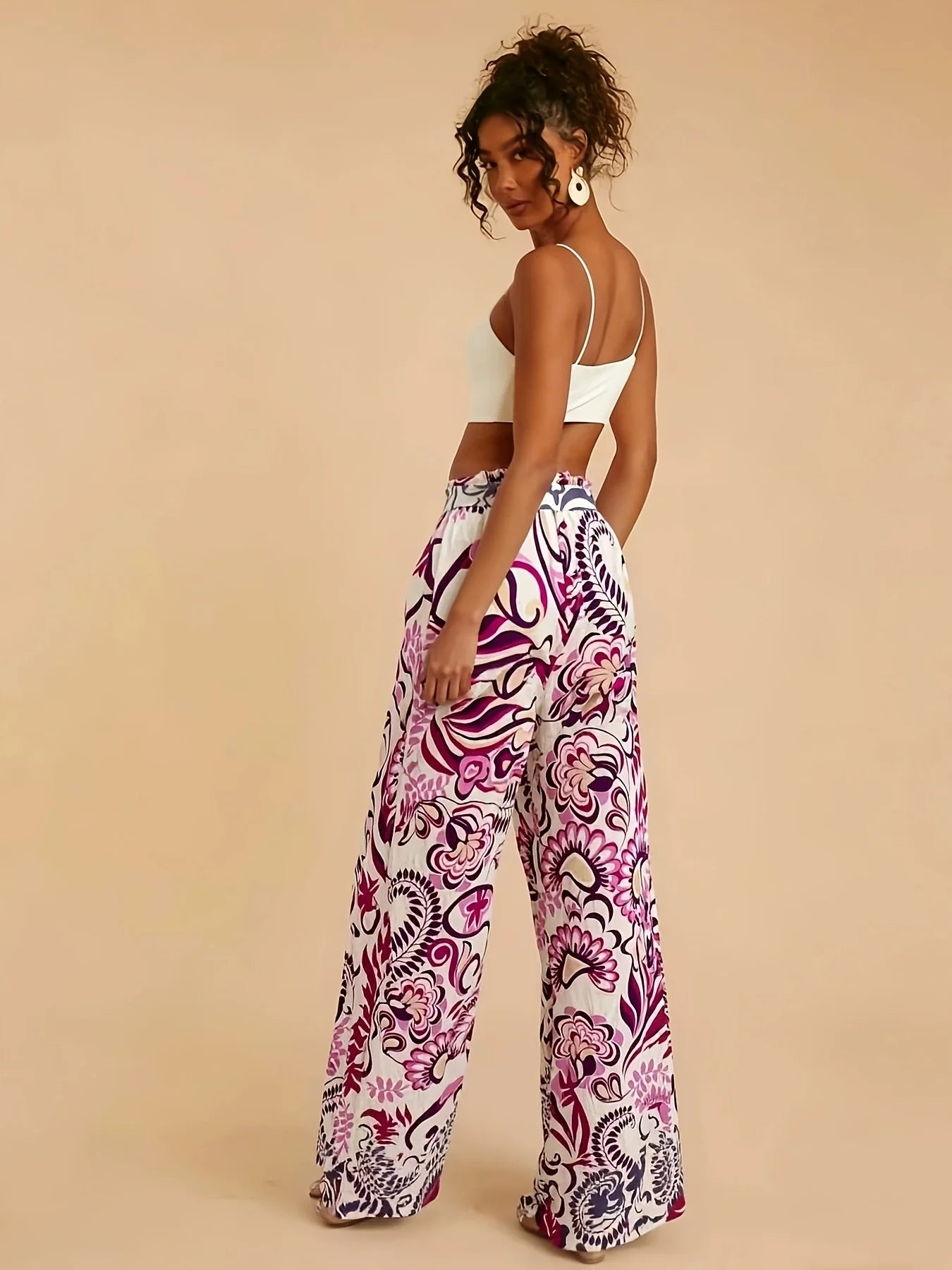 Pink Purple Paisley Print Wide Leg Pants, Tie Waist, Vacation Style Drapey Casual Trousers
