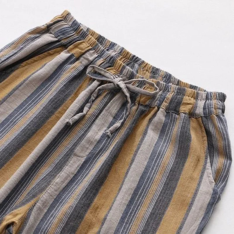 Striped Vintage Elastic High Waist Lace Up Cotton Linen Women's Pants Korean Fashion Wide Leg Ankle-Length Pants For Women 2025