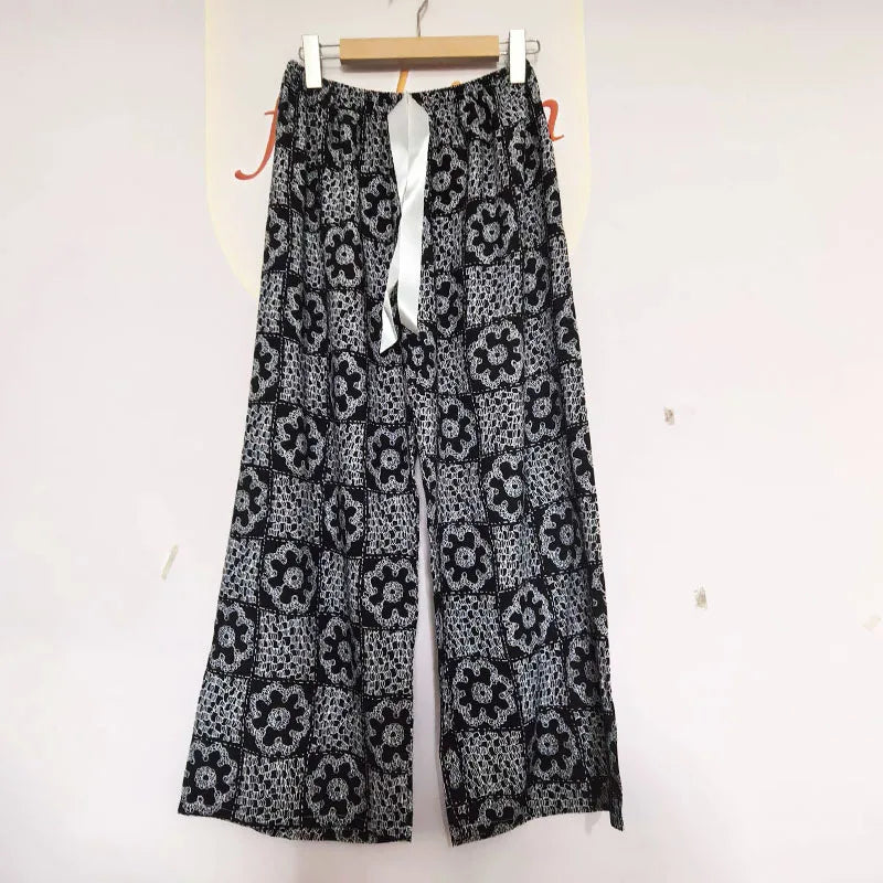 Printed Wide Leg Pants Women Summer Loose Casual Long Trousers Retro Artistic Style Quality Pants Comfortable Cotton Blend