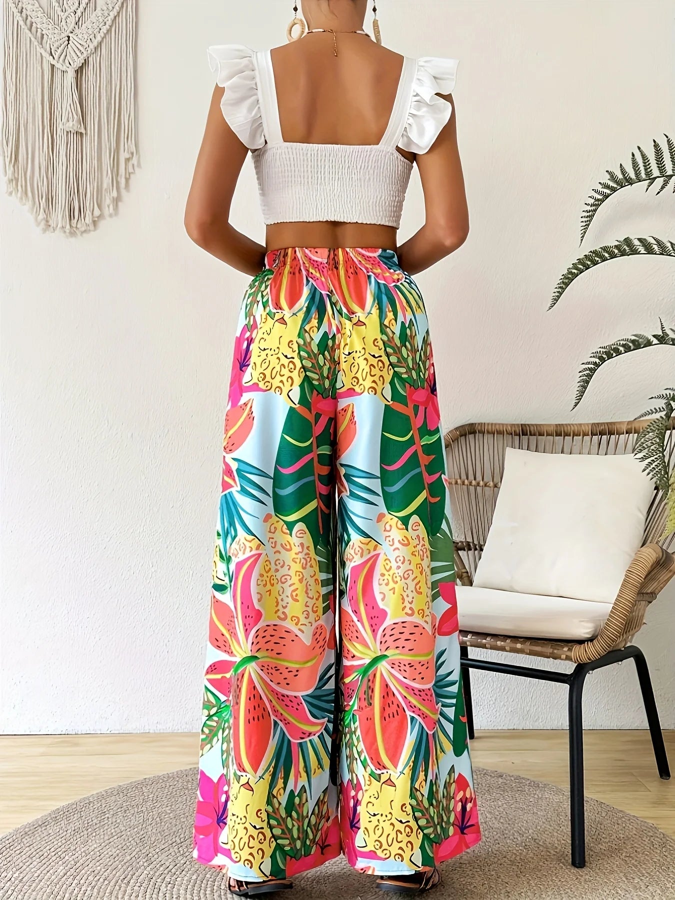 2026 women's vacation casual comfortable loose pants floral tropical elastic waist wide leg pants