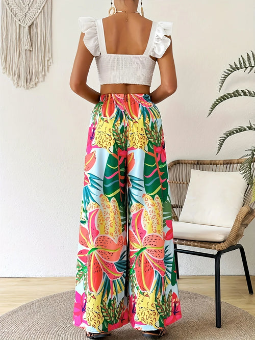 2026 women's vacation casual comfortable loose pants floral tropical elastic waist wide leg pants