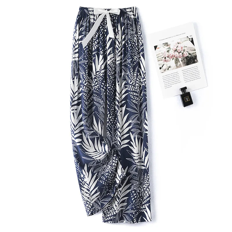 New Ladies Pants Viscose Pajama Sleep Bottoms Thin Loose Large Size Pants Women Pants Home Clothes Loungewear Floral Sleepwear