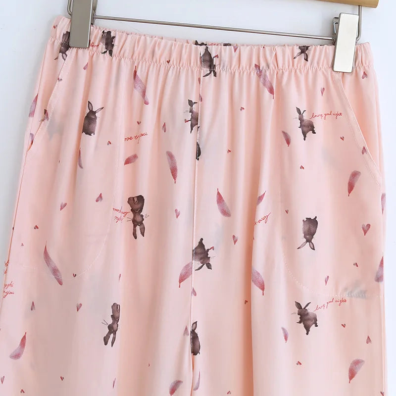 Summer new women's 100% viscose pajama pants cropped pants thin loose wide leg pants home pants pajama plus size cute shorts