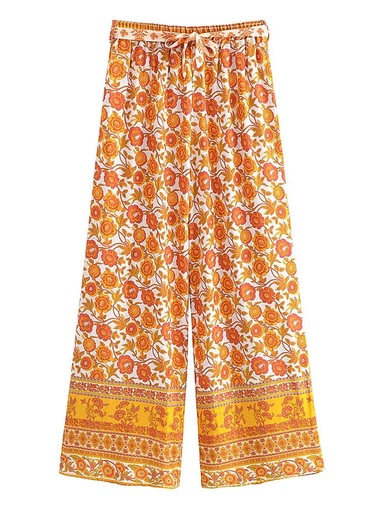 Happie Queens Women Floral Print Bohemian Wide Leg Pants Lady Elastic Waist Loose Rayon Boho Long Pants Beach Casual Trousers