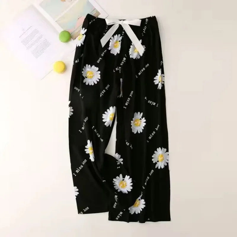 Cute Women Loose Pajama Pants Summer Lounge Trousers Floral Print Casual Stretch Waist Drawstring High Waist Pants Home Pants