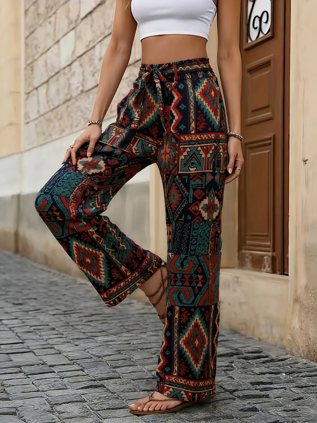Ethnic Geometric Print Wide-Leg Pants, High-Waist Lace-Up Slimming Ankle-Length Trousers, Vacation Outfit