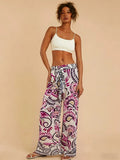 Pink Purple Paisley Print Wide Leg Pants, Tie Waist, Vacation Style Drapey Casual Trousers