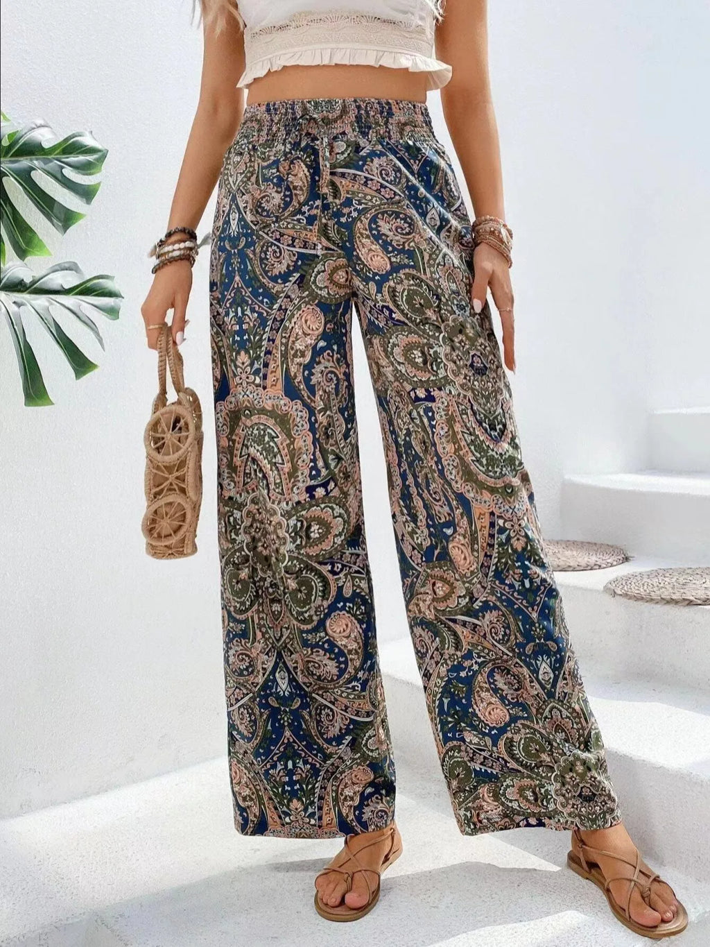 Fashion Vintage Print Wide-leg Pants Women Casual High-waisted Trouser Spring Summer  Ladies Clothes Loungewear