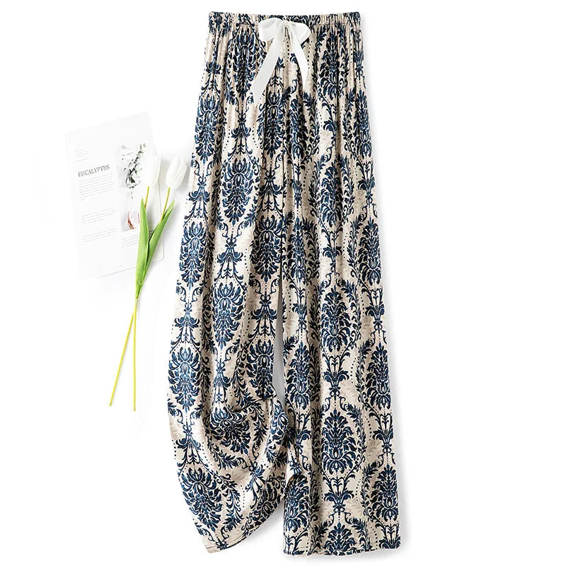 Women Casual Autumn Wide Leg Pants Floral Beach Trousers High Waist Boho Ethnic Style Calf Pants Four Season Girls Home Clothes