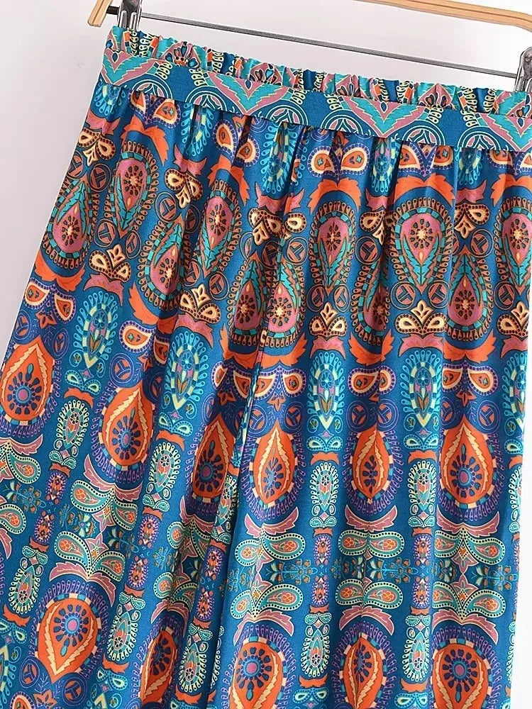 Boho Queens Women Red Floral Print Bohemian Wide Leg Pant Lady Gothic Elastic Waist Loose Rayon Long Boho Pants Casual Trousers