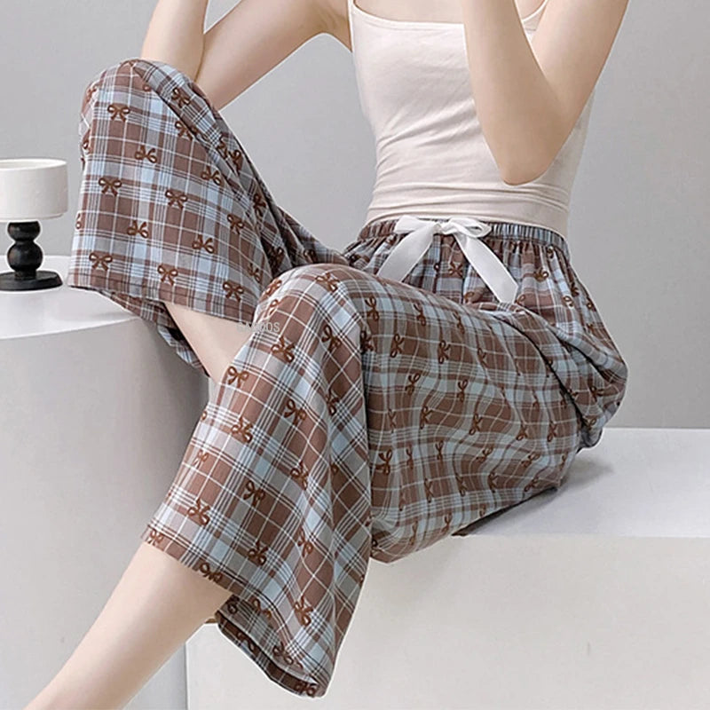 Women Casual Autumn Wide Leg Pants Floral Beach Trousers High Waist Boho Ethnic Style Calf Pants Four Season Girls Home Clothes