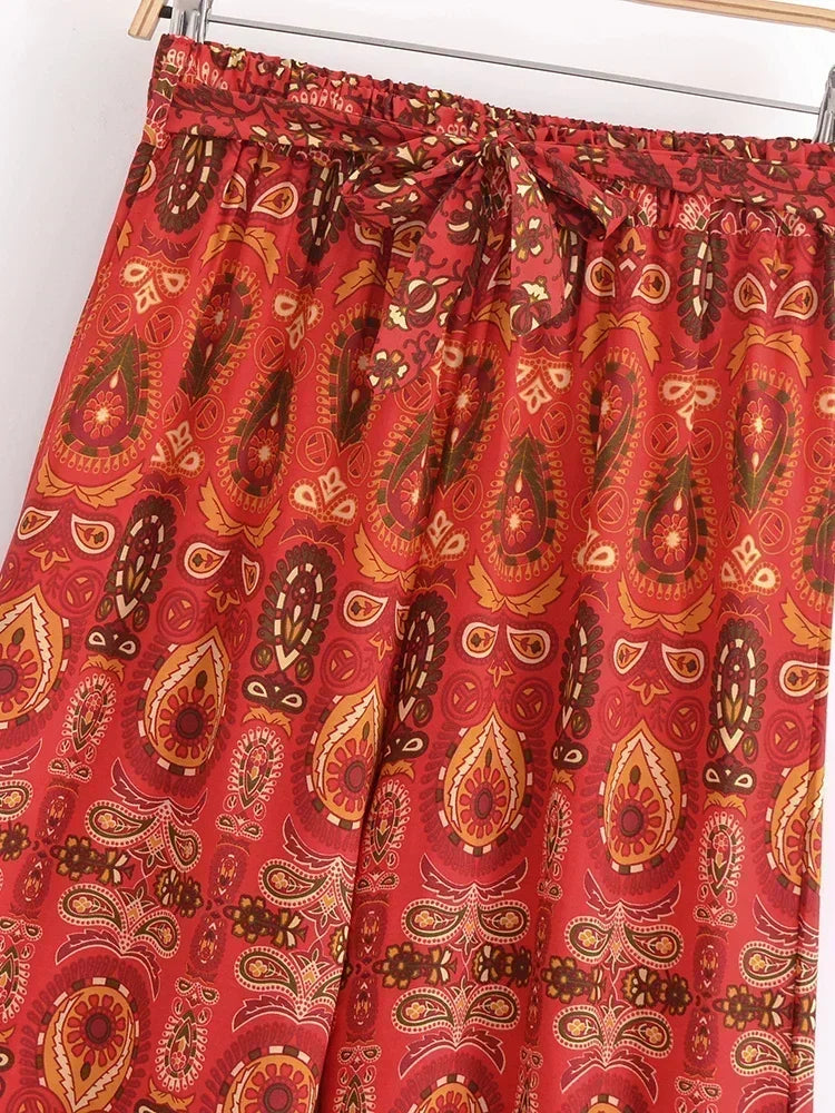 Boho Queens Women Red Floral Print Bohemian Wide Leg Pant Lady Gothic Elastic Waist Loose Rayon Long Boho Pants Casual Trousers